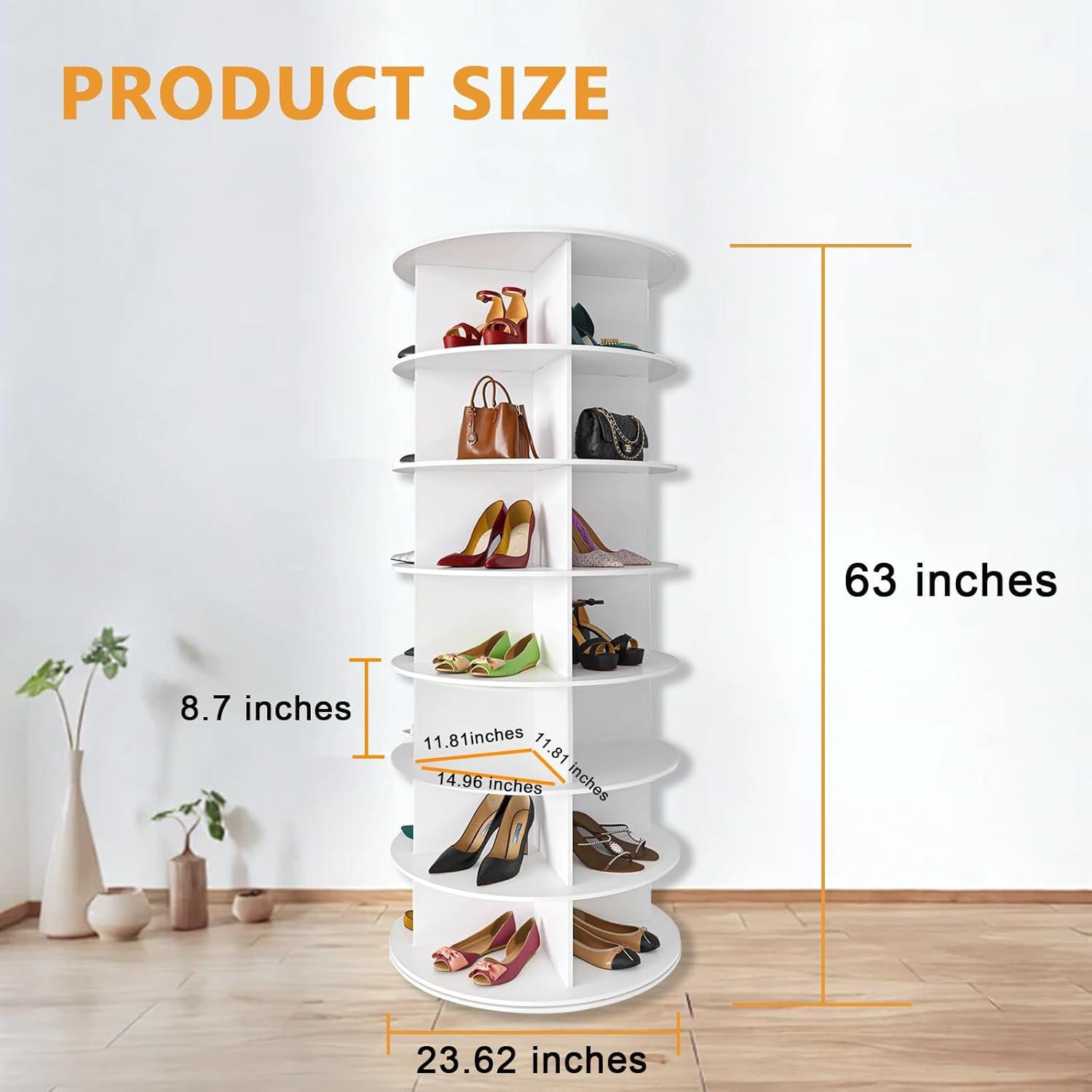 7 Tier Rotating Shoe Rack Tower, Revolving Shoe Rack Storage, Round Carousel Vertical Handbag and Shoe Organizer ,White-SpaceAid®