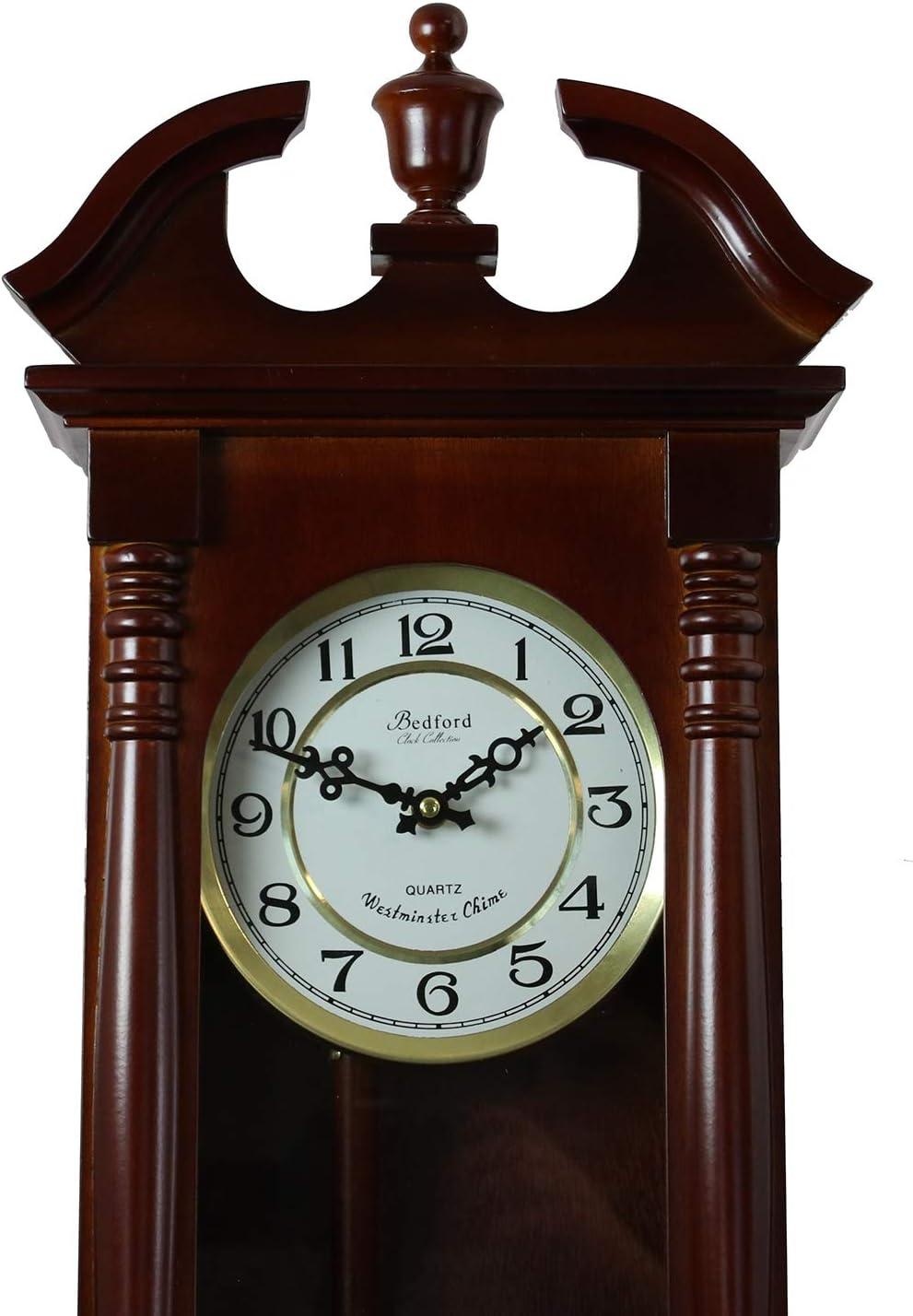 Bedford Clock Collection Classic Chiming Wall Clock with Swinging Pendulum in Cherry Oak Finish, 4.75" L x 11.75" W x 27.50" H
