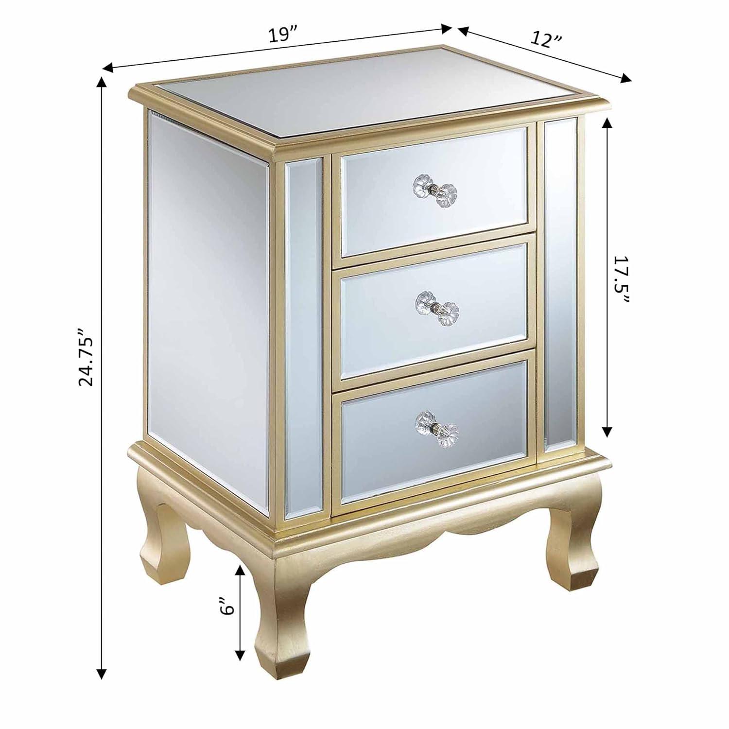 Gold Coast Vineyard 3 Drawer Mirrored End Table In White Wood and Mirrored Glass
