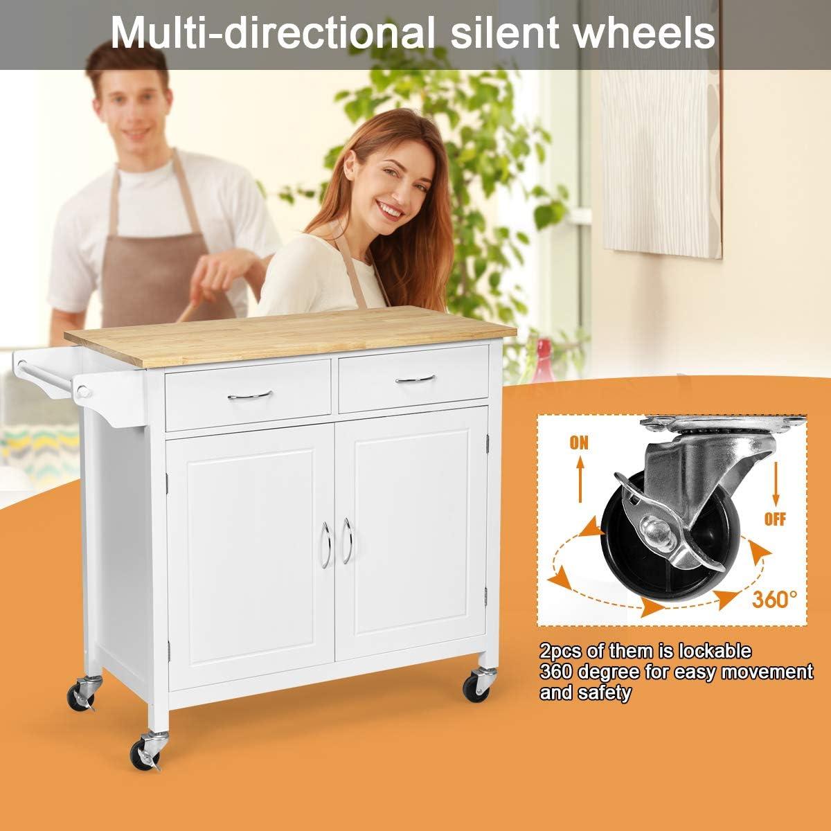 Costway Modern Rolling Kitchen Cart Island Wood Top Storage Trolley Cabinet Utility New White