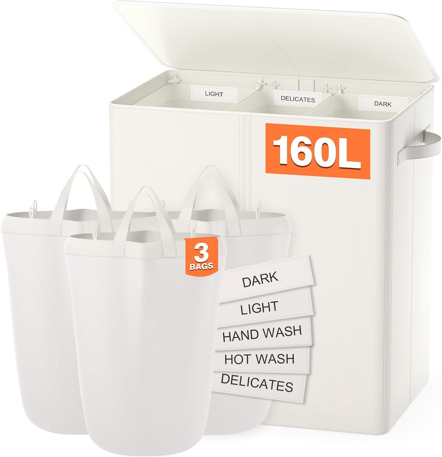 Latitude Run® 160L Laundry Hamper 3 Section, Dirty Clothes Hamper With Lid