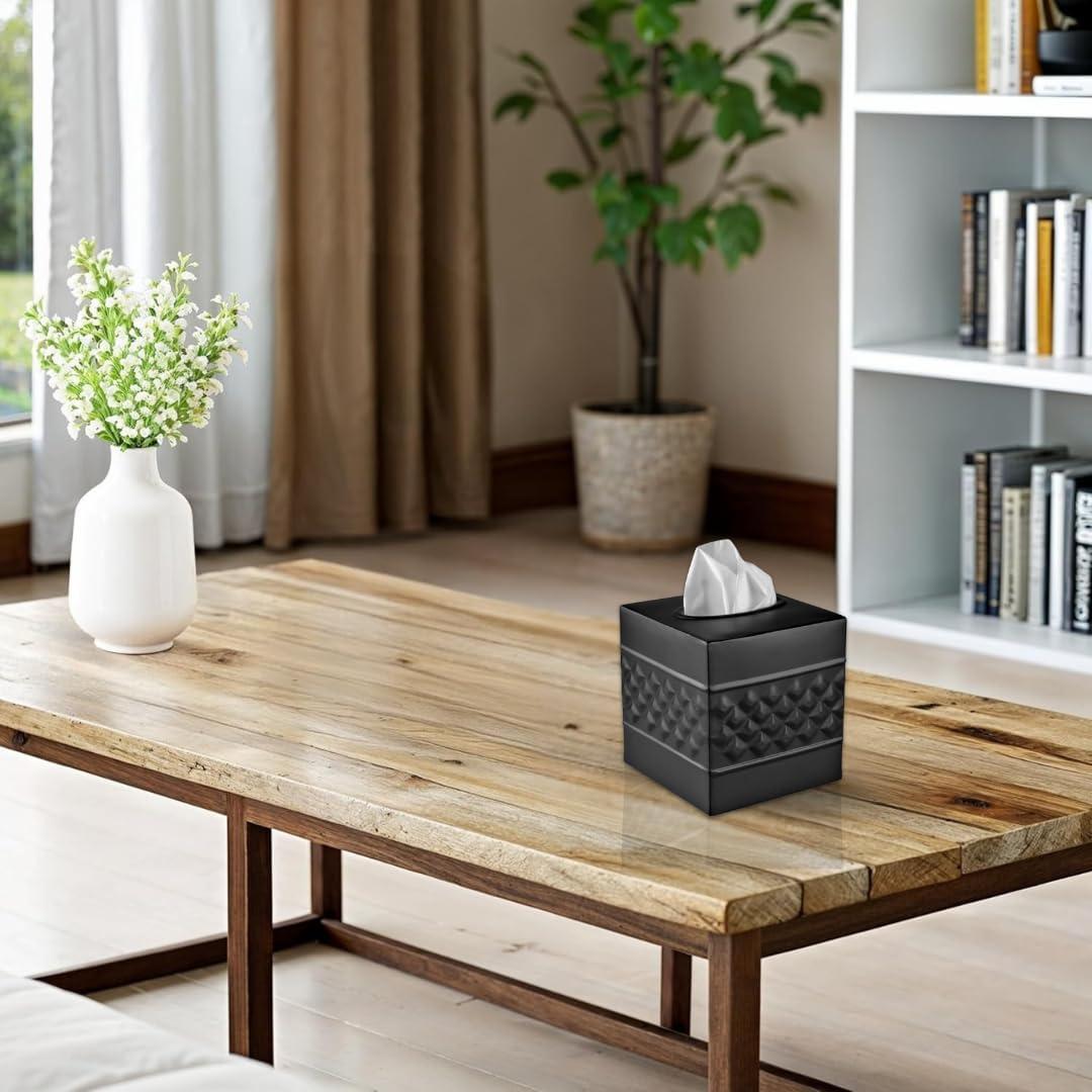 Monarch Abode Tissue Box Cover, Hand Hammered, Metal, Square Tissue Box Holder, Black