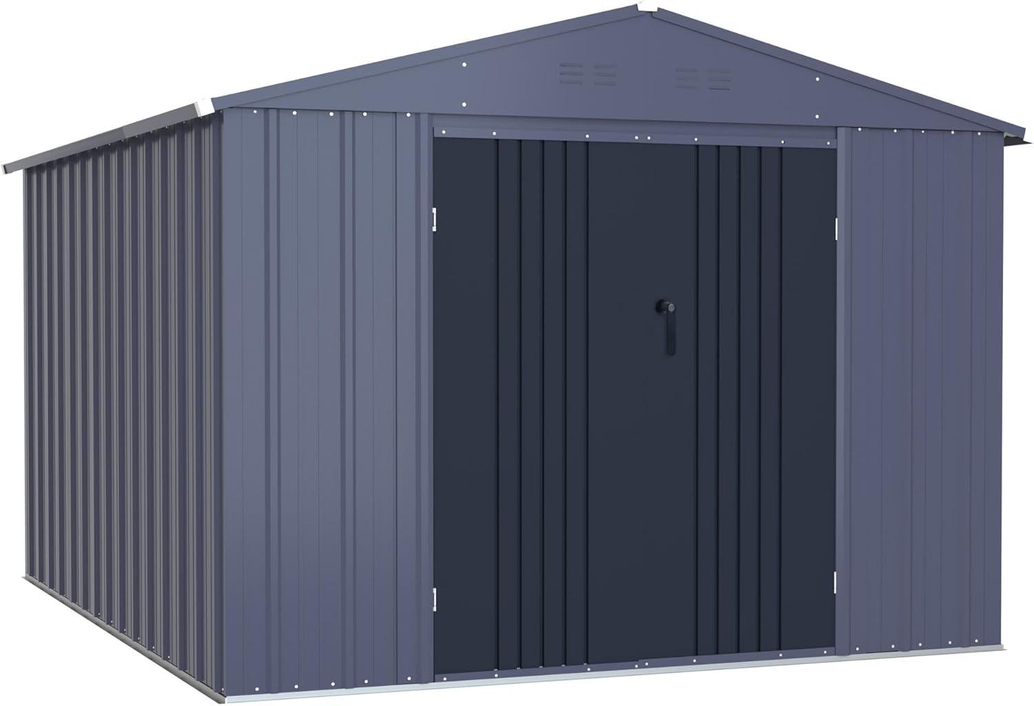 Gray 8x10 FT Metal Outdoor Storage Shed with Lockable Doors