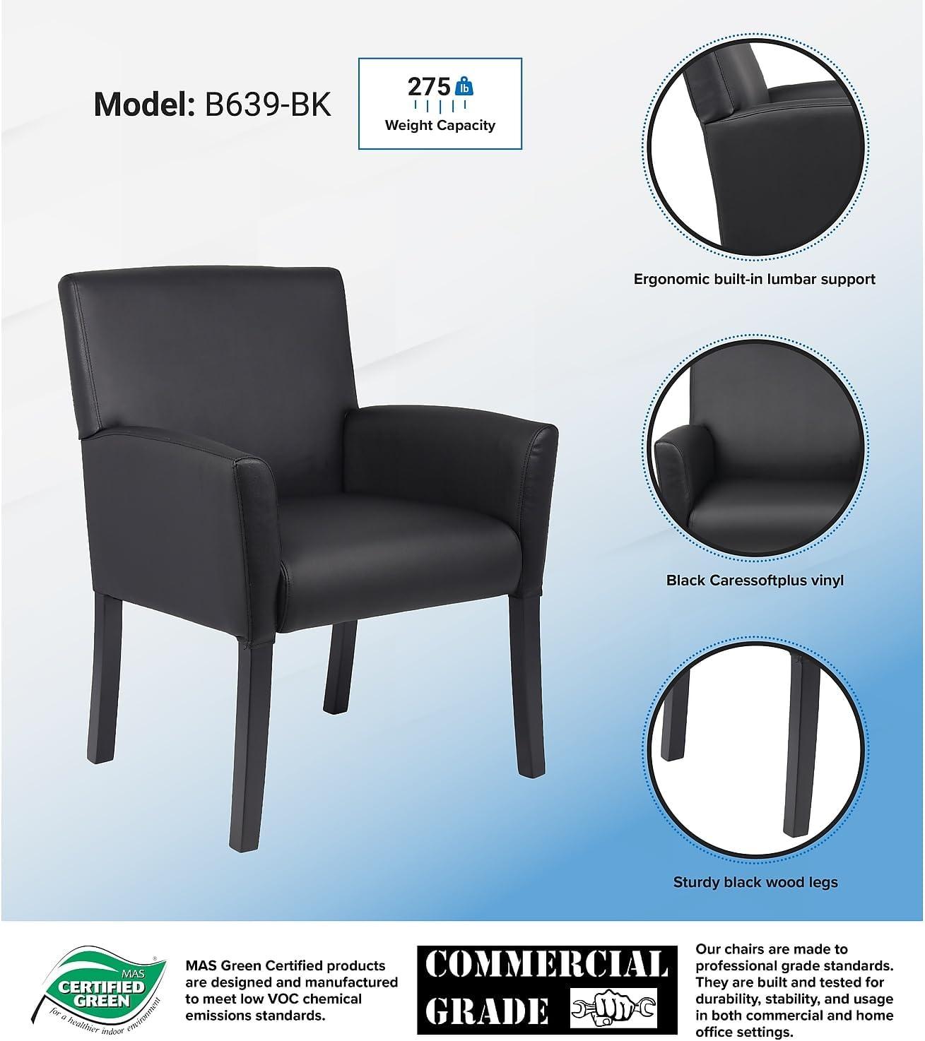 Executive Box Armchair Black - Boss Office Products: Ergonomic, Vinyl Upholstery, Wood Legs, Fixed Height