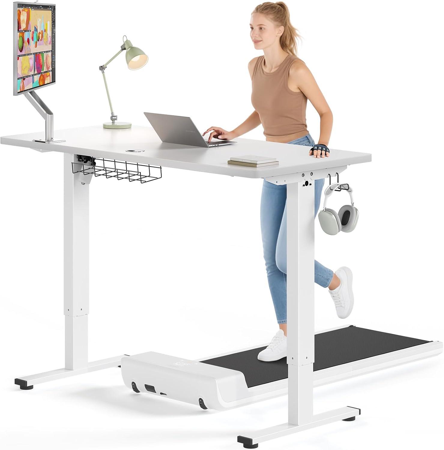White Adjustable Height Standing Computer Desk with Headphone Hook