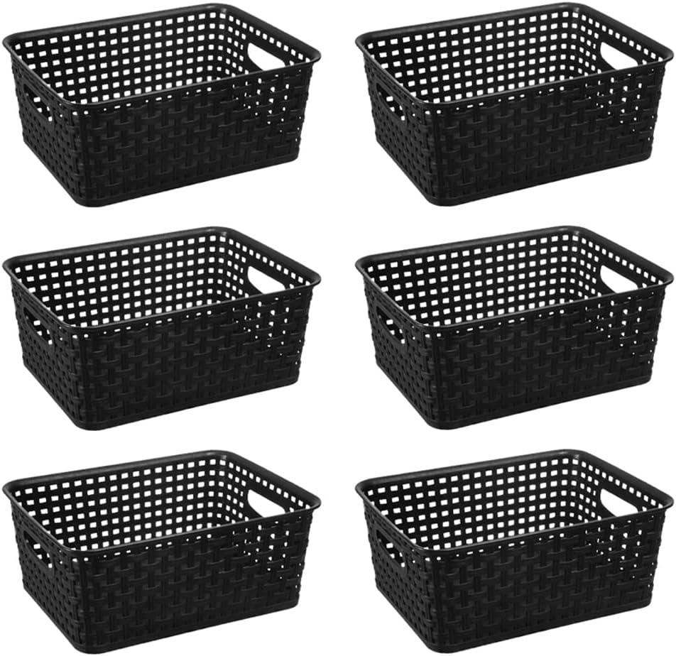 Black Rectangular Plastic Woven Storage Baskets, Set of 6