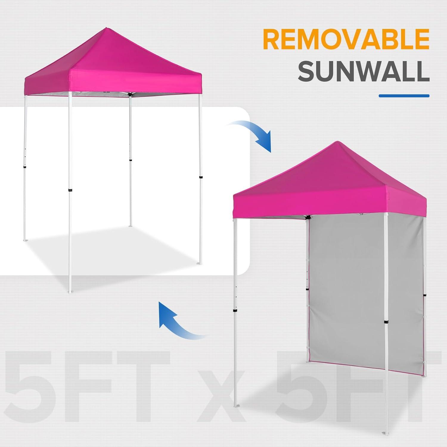 EAGLE PEAK Straight Leg Outdoor Portable Canopy Tent with One Removable Sunwall 5 x 5 ft, Carry Bag Included, Pink