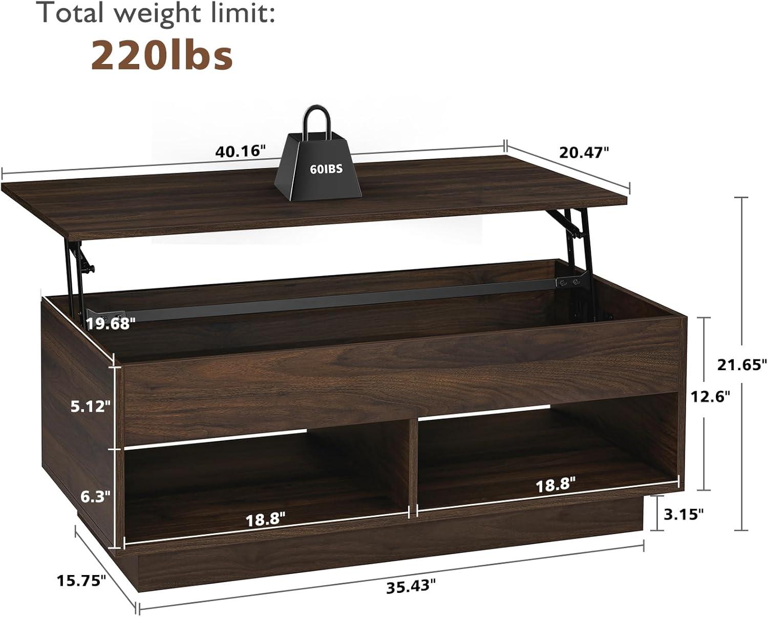Hommpa Lift Top Coffee Table with Hidden Compartment LED Coffee Tables Dark Walnut Center Rising Cocktail Table for Living Room Accent Furniture