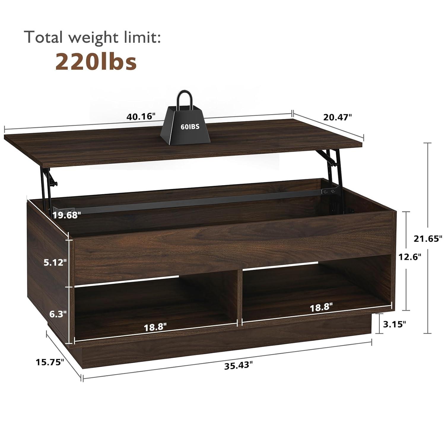 Hommpa Lift Top Coffee Table with Hidden Compartment LED Coffee Tables Dark Walnut Center Rising Cocktail Table for Living Room Accent Furniture