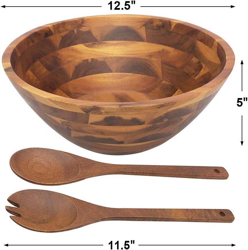 Large Acacia Wood Salad Bowl Set with Serving Utensils