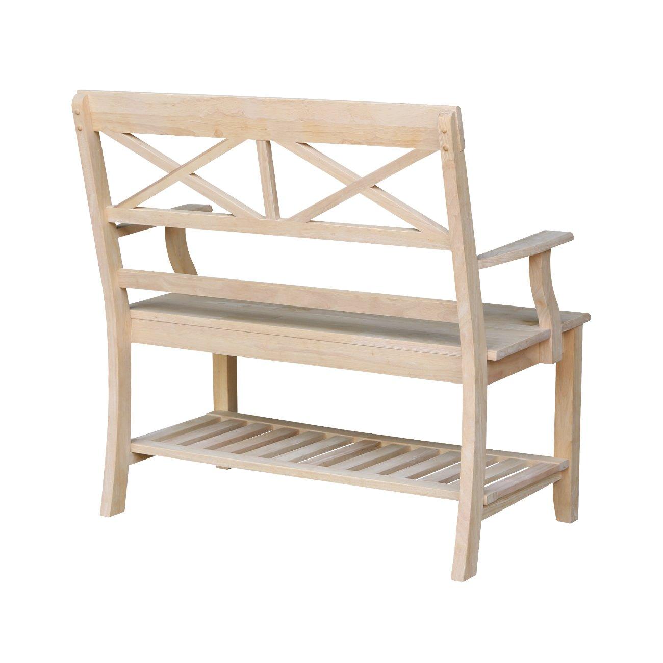 Double X-Back Bench with Arms and a Shelf - International Concepts: Hardwood Frame, Non-Upholstered, 2-Person Seating