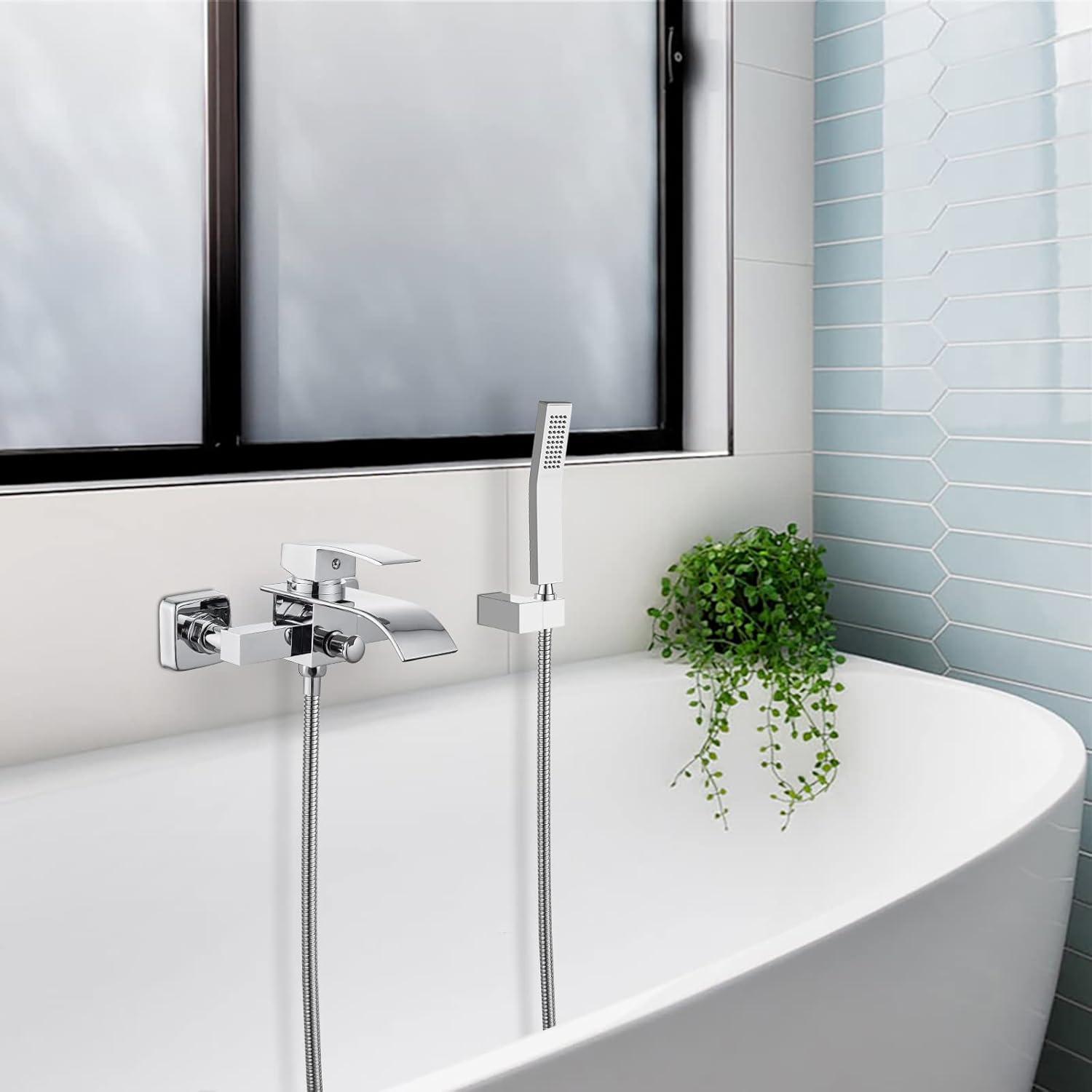 Polished Chrome Wall Mount Bathtub Faucet with Handheld Spray