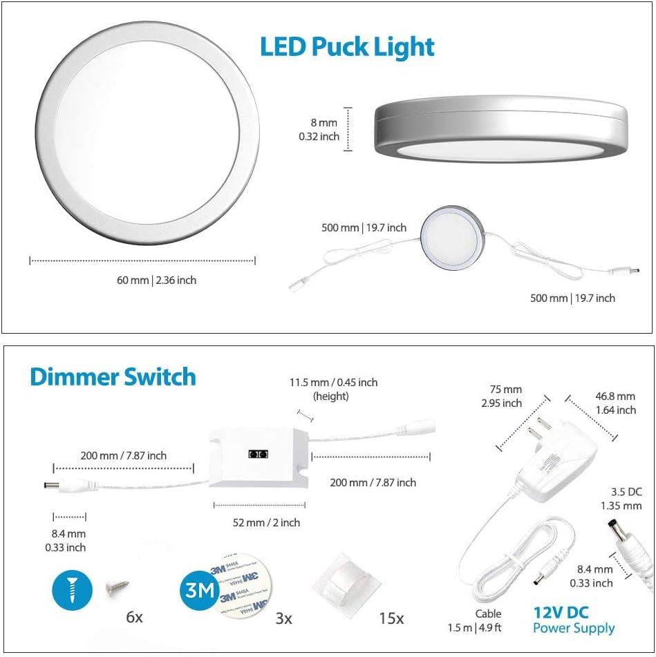 EShine Under Cabinet Puck Lights with Hand Wave Sensor - Circular LED Cabinet Lights - Dimmable - Pack of 3, Warm White (3000K)