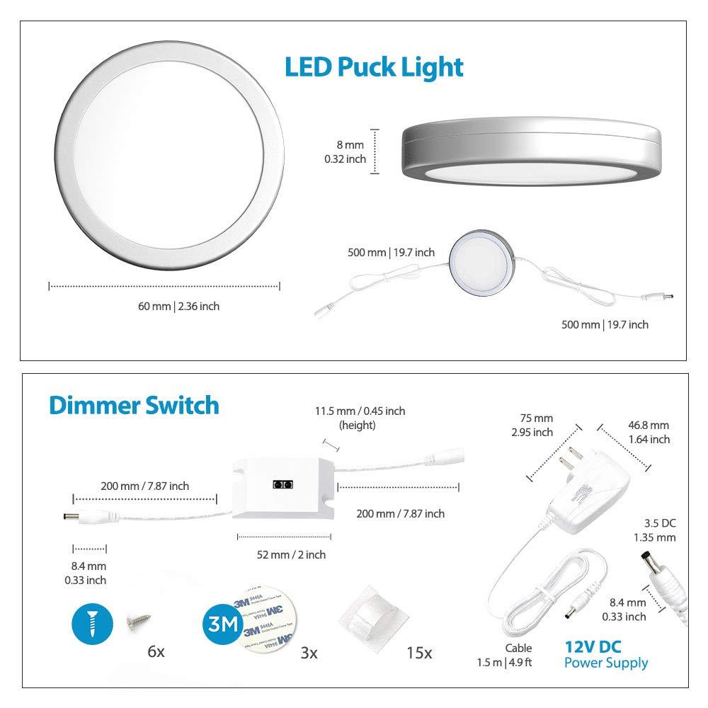 EShine Under Cabinet Puck Lights with Hand Wave Sensor - Circular LED Cabinet Lights - Dimmable - Pack of 3, Warm White (3000K)