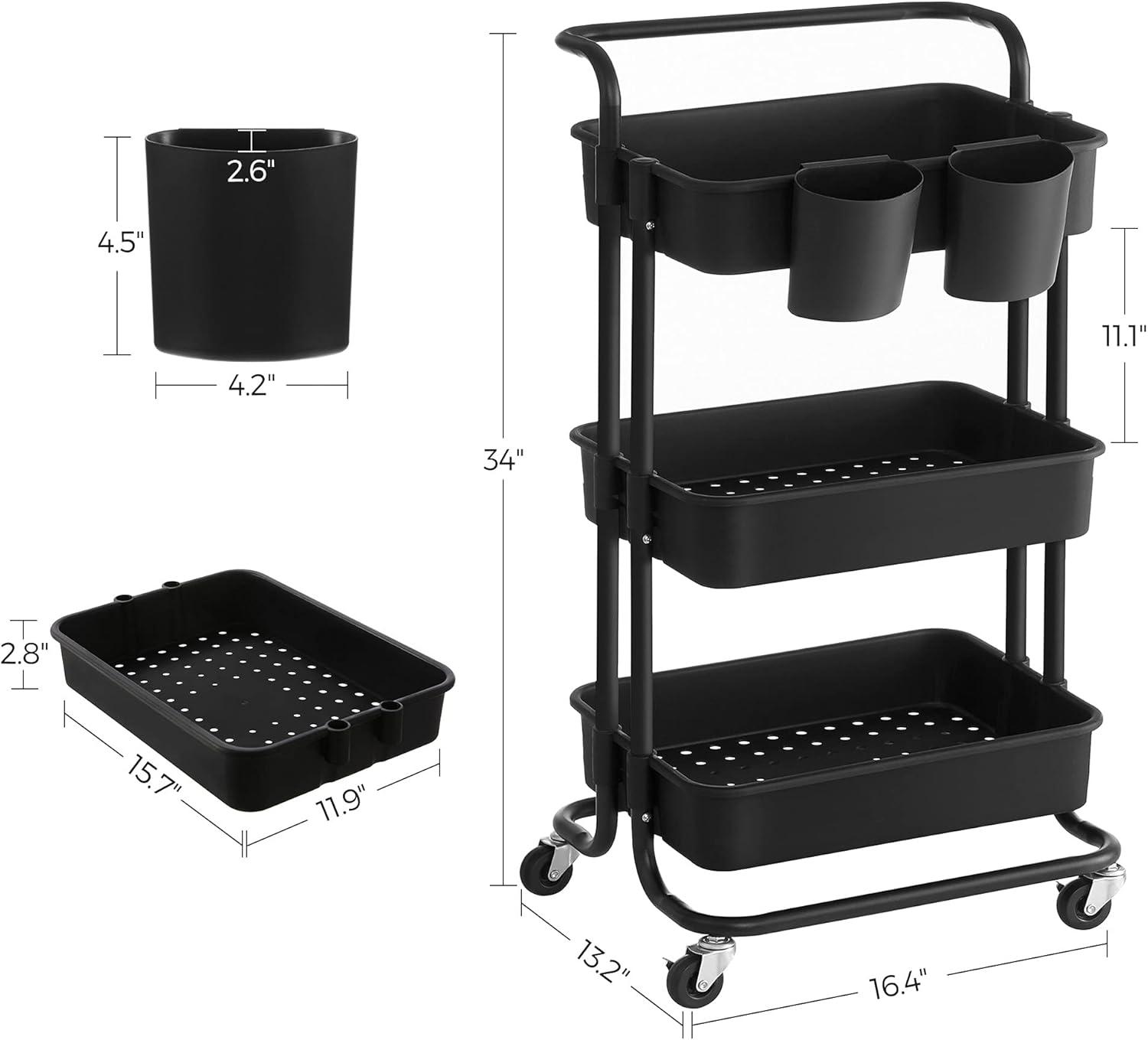 SONGMICS Rolling Cart 3-Tier Storage Cart Utility Cart Black