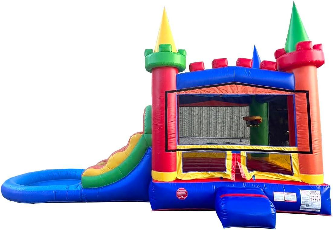 Pogo Bounce House Crossover Bounce House with Water Slide, Modular Rainbow Dual Slide with Splash Pool