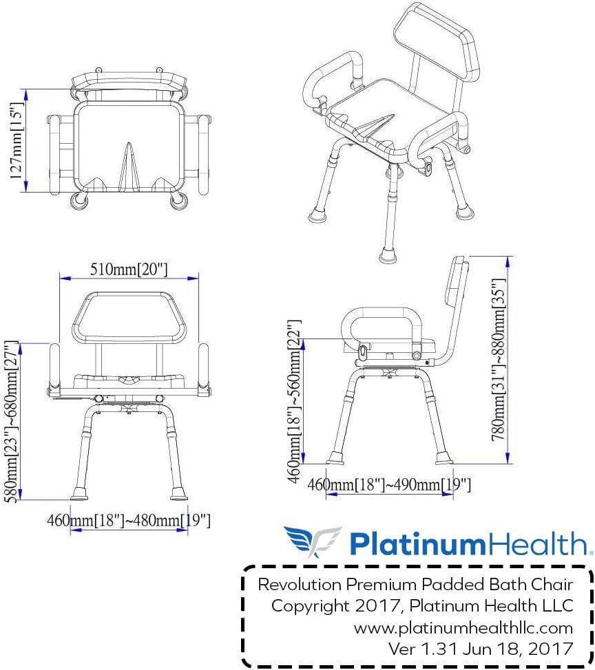 Blue Adjustable Swivel Shower Chair with Padded Back and Arms