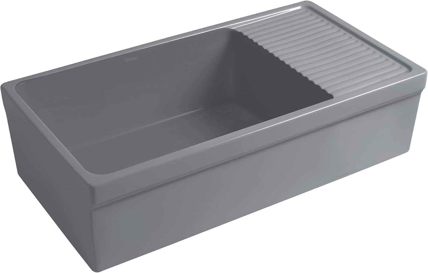 Whitehaus Collection WHQD540-M-CEMENT Whitehaus Collection 36” Single Bowl Fireclay Kitchen Sink: Integral Drainboard, Lip Front Apron