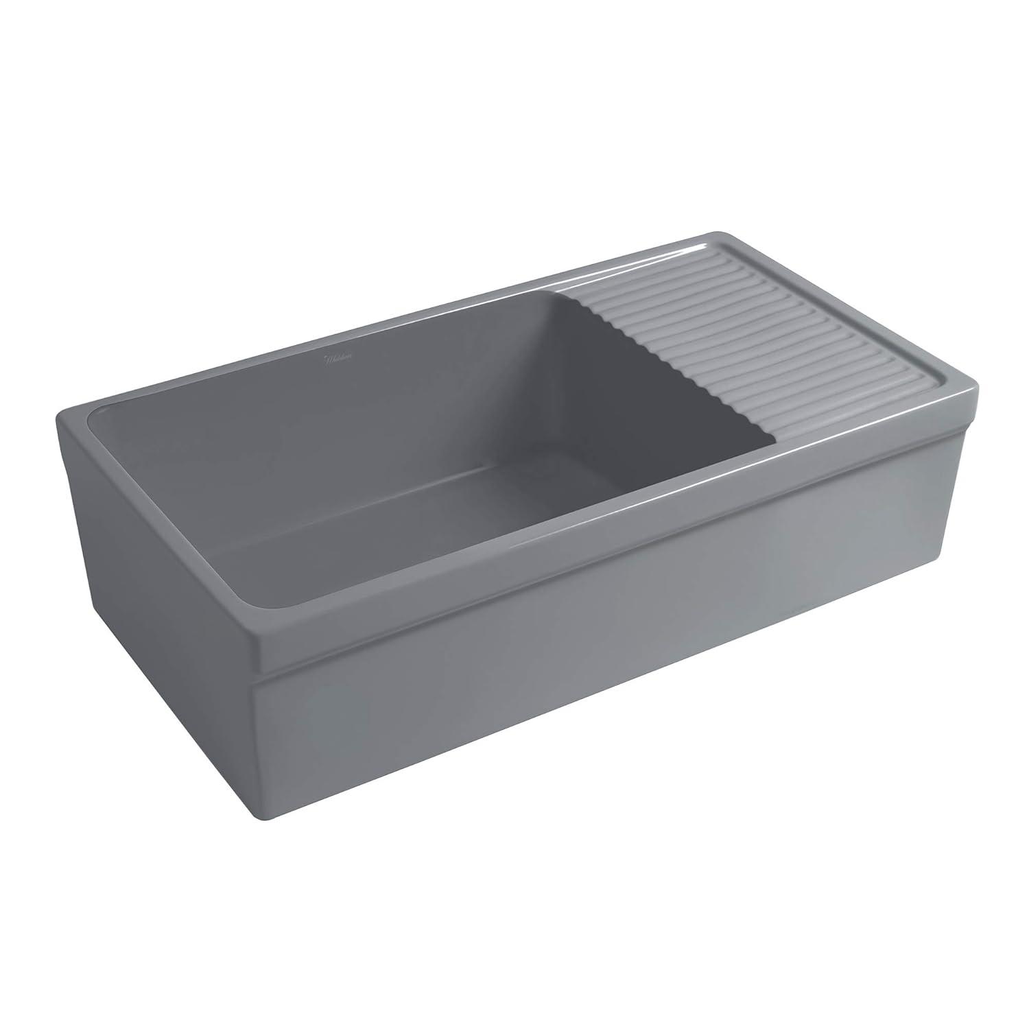 Whitehaus Collection WHQD540-M-CEMENT Whitehaus Collection 36” Single Bowl Fireclay Kitchen Sink: Integral Drainboard, Lip Front Apron