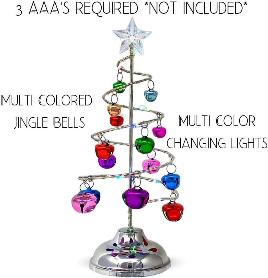 Lighted Tabletop Spiral Silver Christmas Tree - Multicolor Jingle Bells & Lights - Battery Operated - Home Xmas Décor - Approximately 10.25" Tall