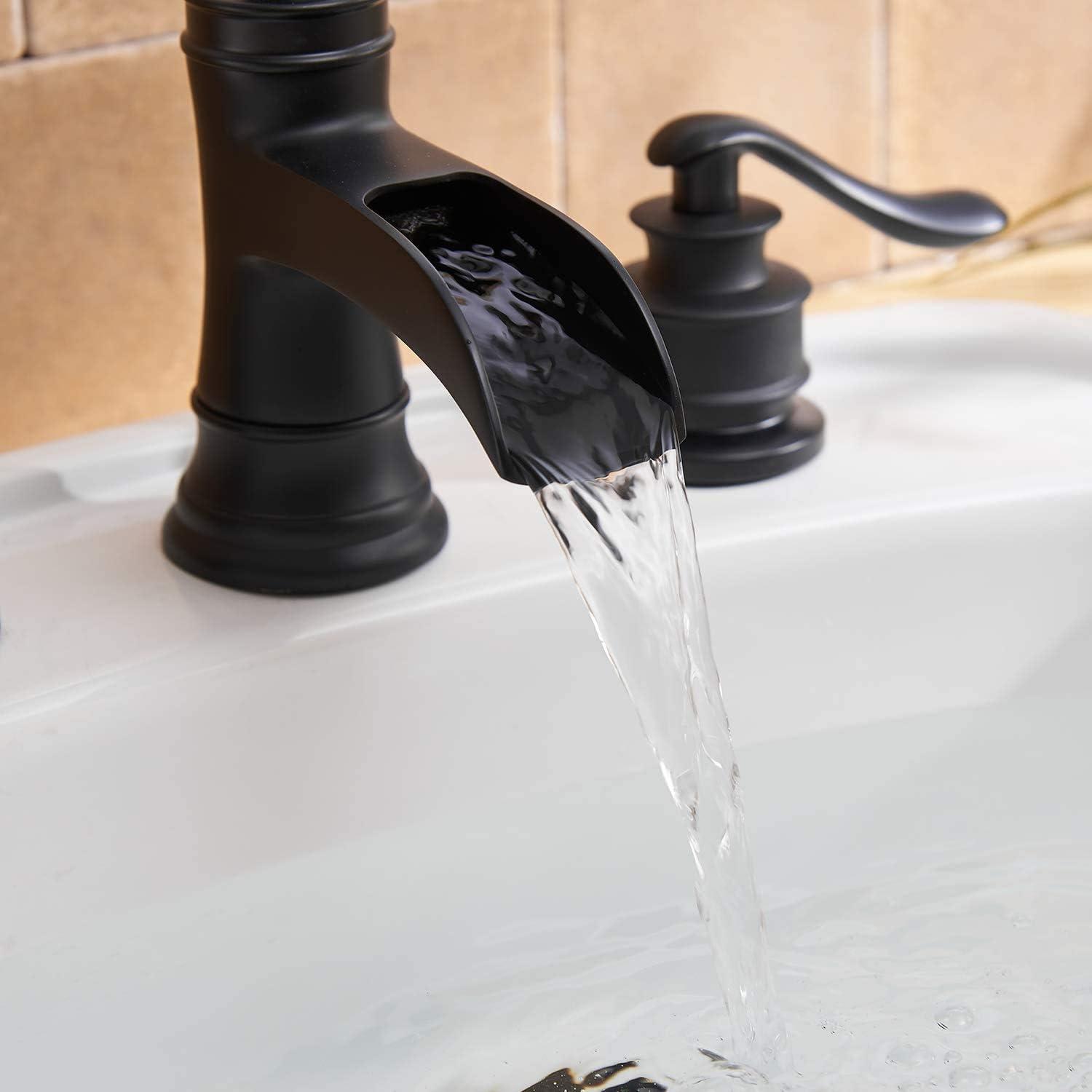 Black Bathroom Faucet Widespread Bathroom Faucets for Sink 3 Hole Matte Black 8 Inch Two Handle Matching Pop Up Drain Stopper Waterfall Farmhouse Lavatory Water Supply Line by Bathfinesse