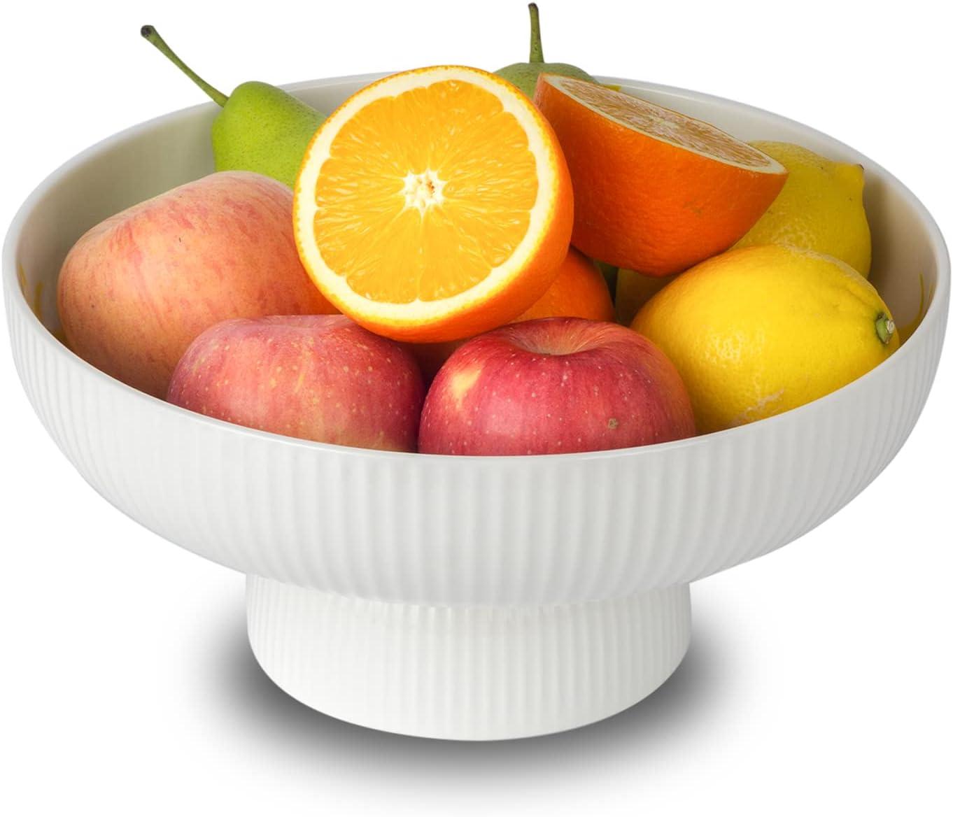 White Ceramic Fruit Bowl with Drainage Hole and Pedestal