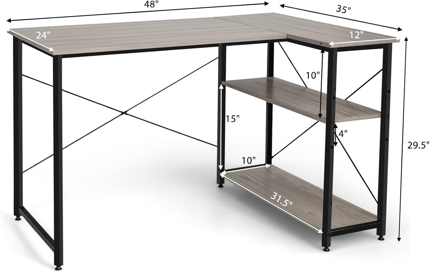 Costway 48'' Reversible L Shaped Computer Desk Home Office Table Adjustable Shelf Brown\Gray\Natural