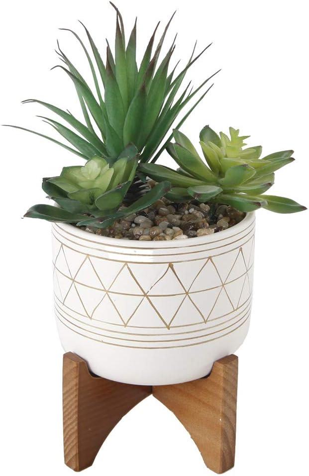 10" H Artificial Succulent Mix in Gold Geo Hand Painted Ceramic Footed Pot on Wood Stand