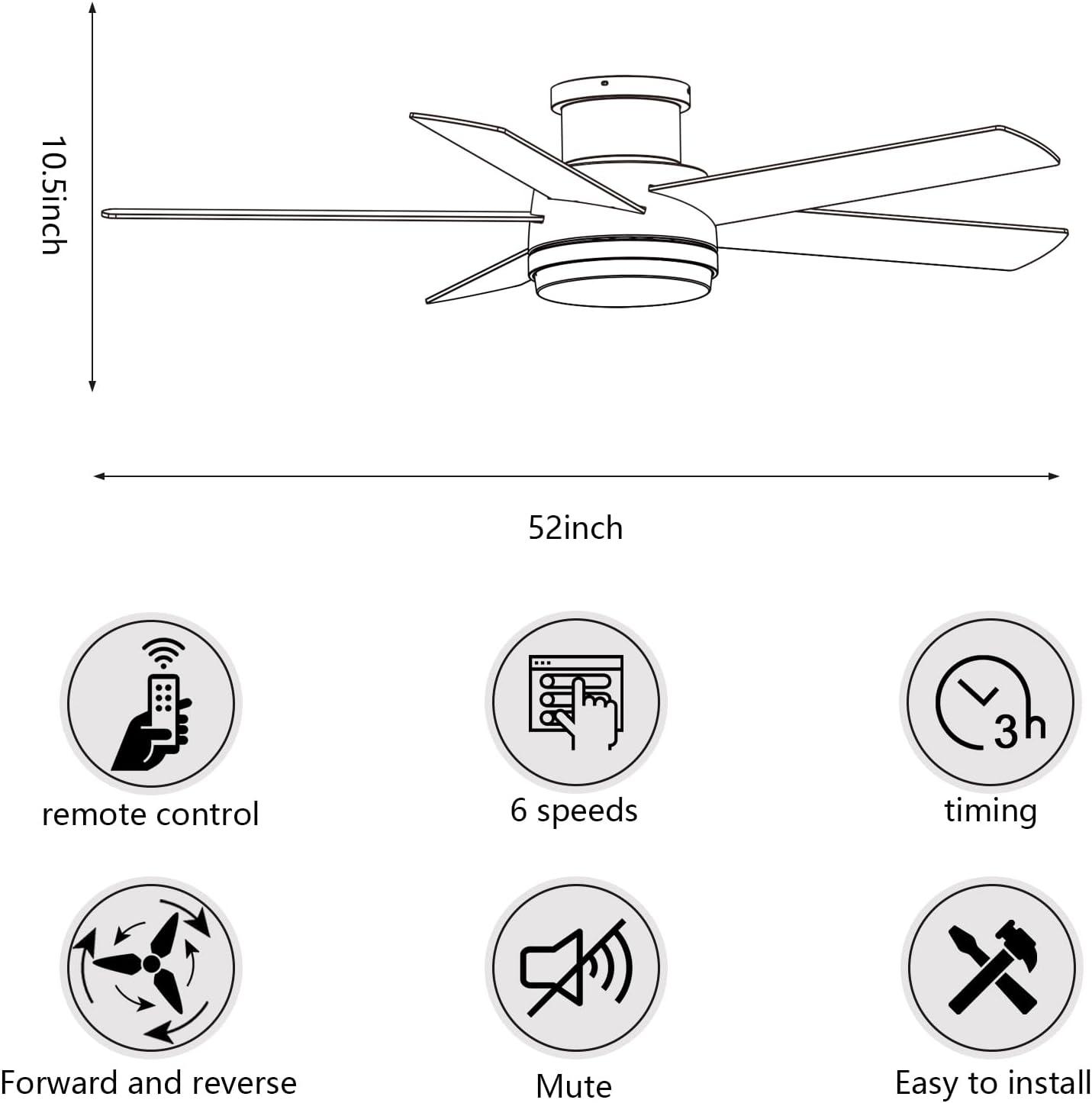 Low Profile 52" 5-Blades Indoor Flush Mount Ceiling Fan with Reversible DC Motor and Remote Control