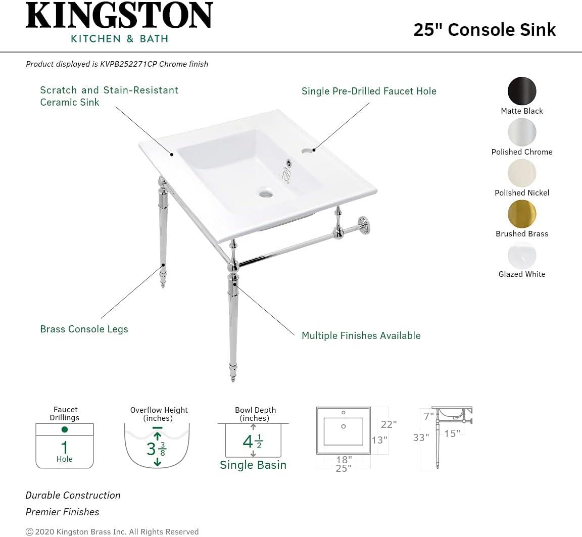 Kingston Brass Edwardian 25-Inch Ceramic Console Sink with Brass Legs (1-Hole)