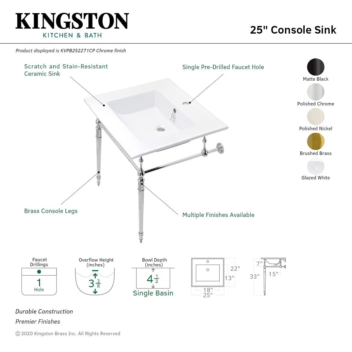 Kingston Brass Edwardian 25-Inch Ceramic Console Sink with Brass Legs (1-Hole)