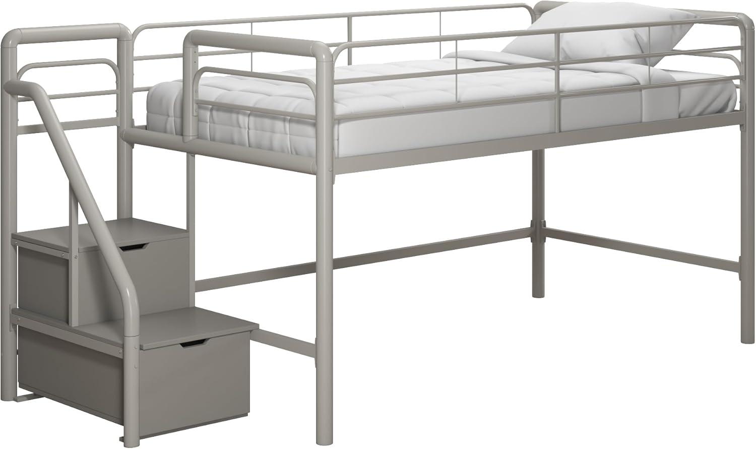 DHP Sol Junior Twin Metal Loft Bed with Storage Steps, Silver