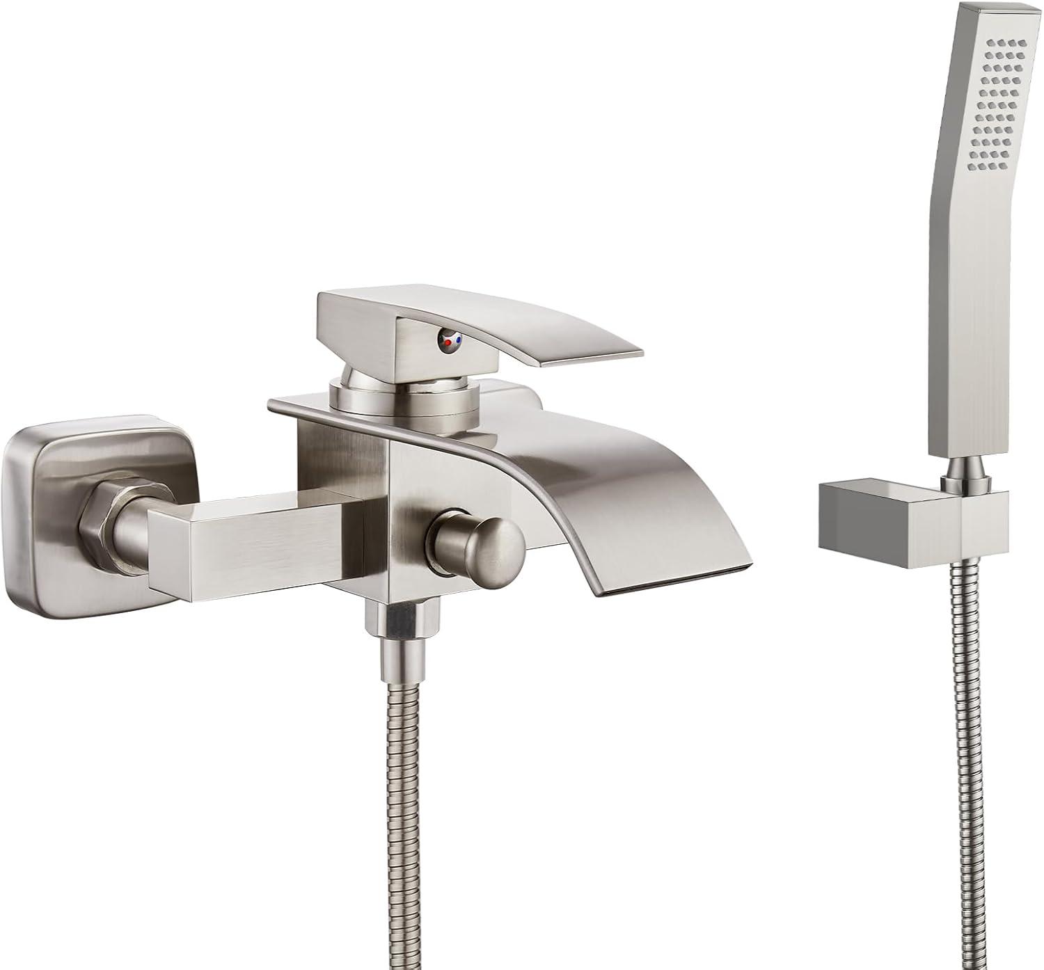Midanya Wall Mount Bathtub Faucet with Handheld Spray Waterfall Tub Filler Single Handle Bathroom Tub Mixer Tap Hand-Shower System with Curved Spout Commercial,Brushed Nickel