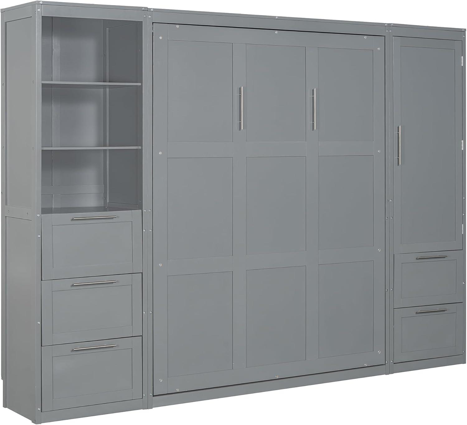 Gray Queen Size Murphy Bed with Drawers and Shelves