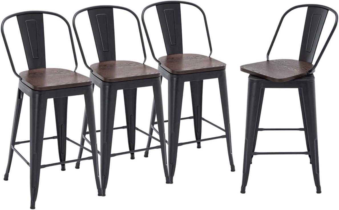 24" Black Metal and Wood Swivel Backless Bar Stools Set