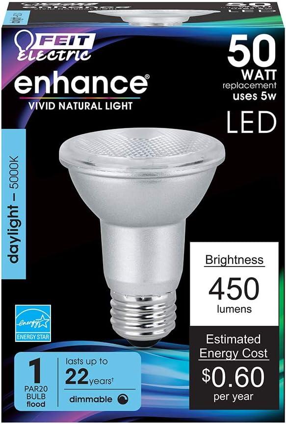 Feit Electric PAR20 LED Bulbs, 50W Equivalent, Dimmable Spotlight Bulbs, 5000k Daylight, E26 Base, 90 CRI, 450 Lumens, 22-Year Lifetime, PAR20 Flood Light Bulbs, Damp Rated, PAR20DM/950CA/4, 4 Pack