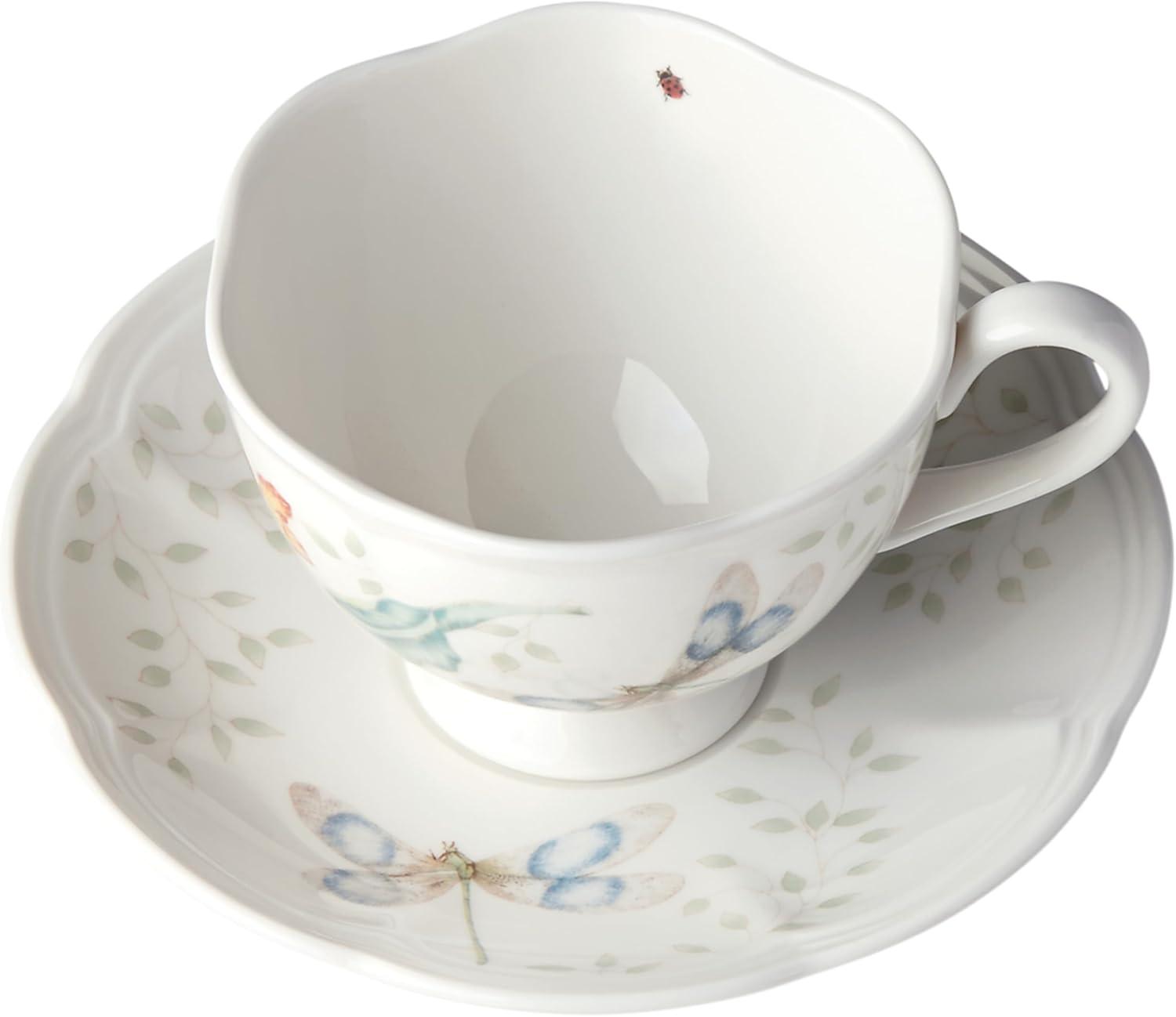 Colorful Ceramic Teacup and Saucer with Floral Print