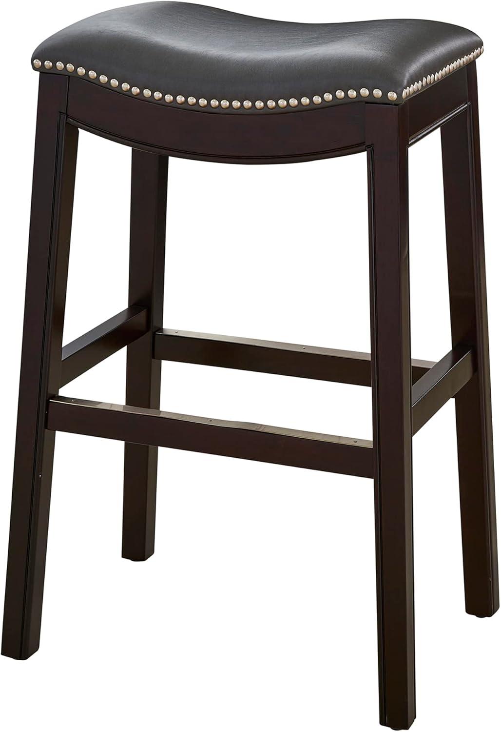 Espresso Wood & Gray Leather 31" Backless Saddle Barstool