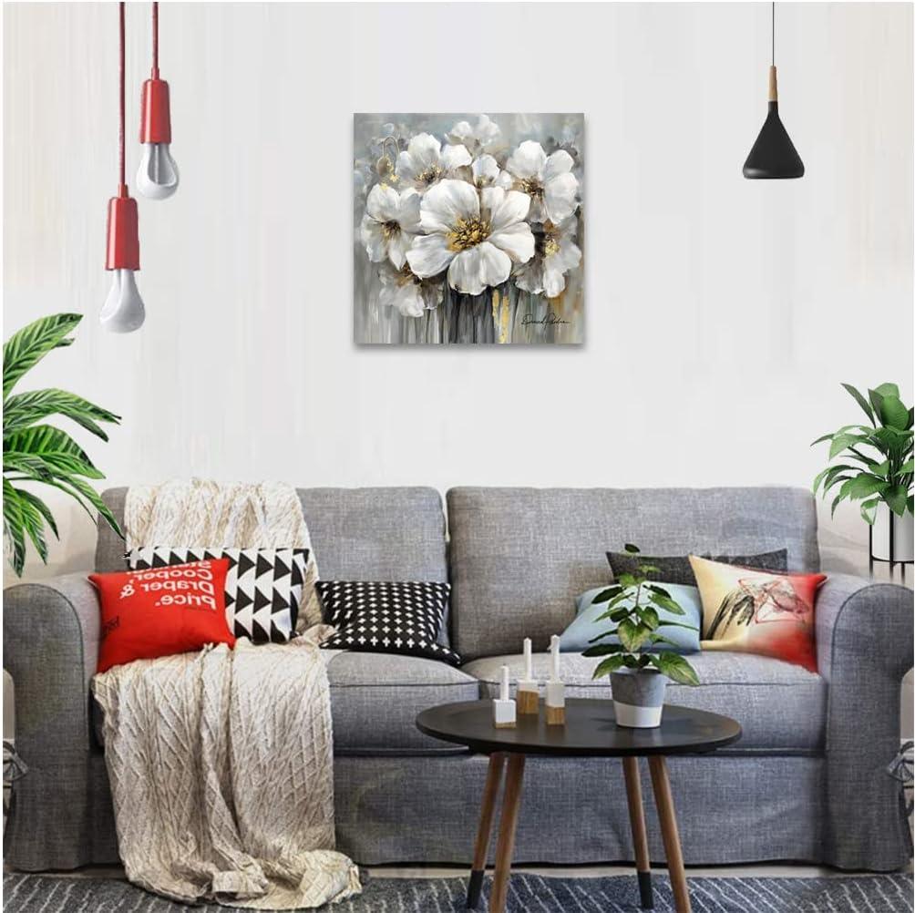 Square White and Gray Floral Canvas Painting with Gold Accents