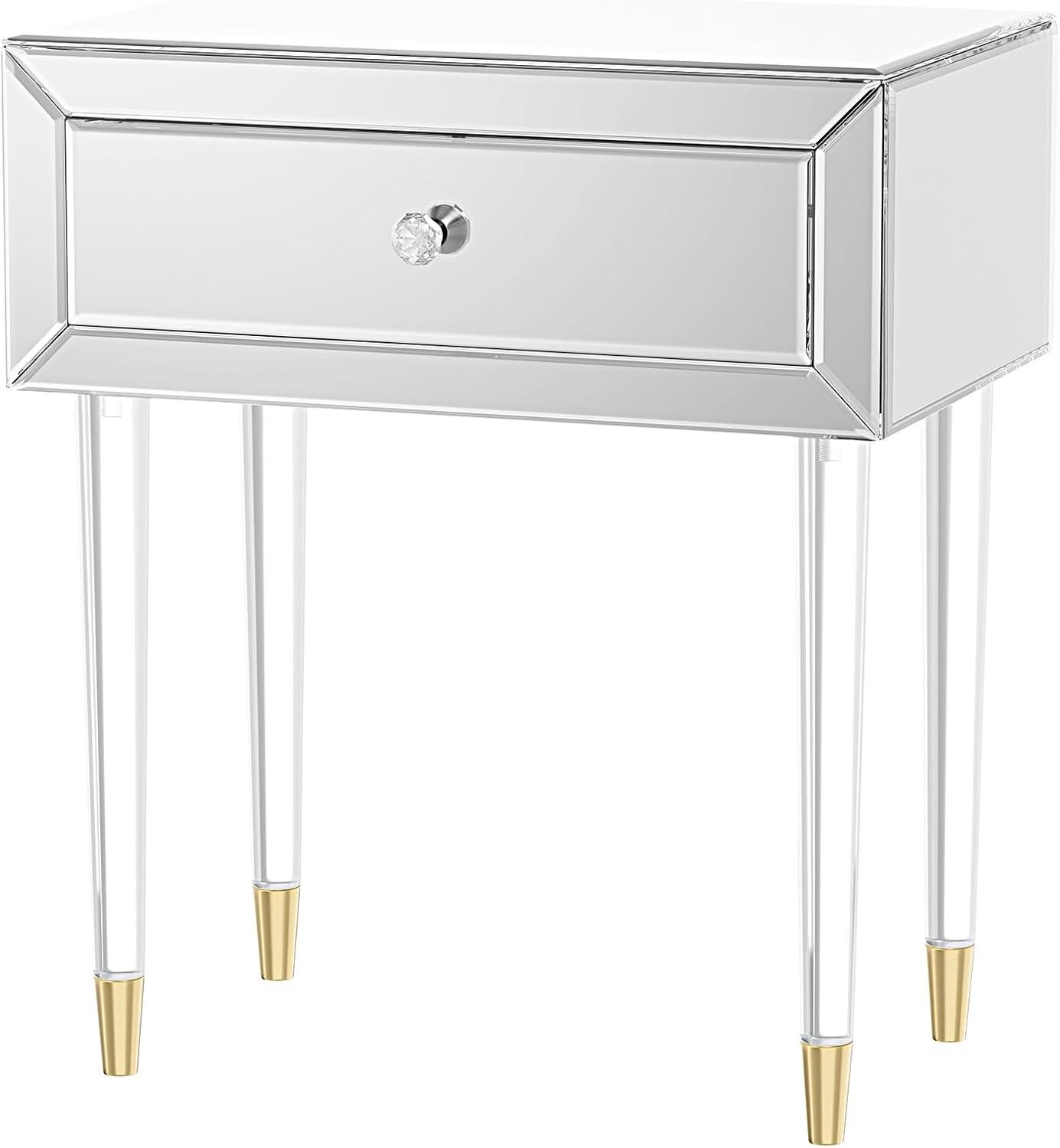 Mirrored Nightstand, Modern End Table with Drawer, Bedside Tables with Acrylic Legs for Bedroom, Living Room, Silver