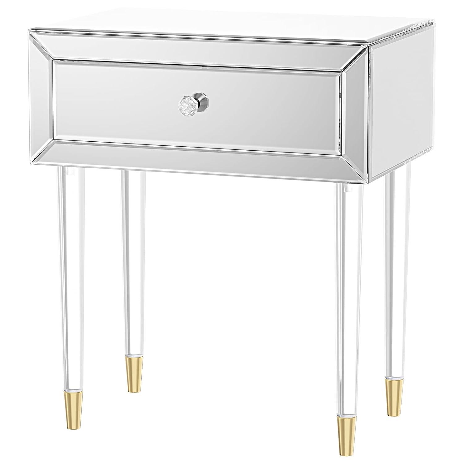 Mirrored Nightstand, Modern End Table with Drawer, Bedside Tables with Acrylic Legs for Bedroom, Living Room, Silver