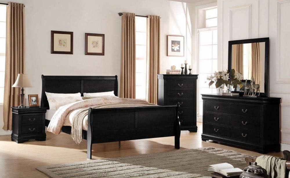 Pine Wood Sleigh Full Bed with Drawer and Headboard in Black