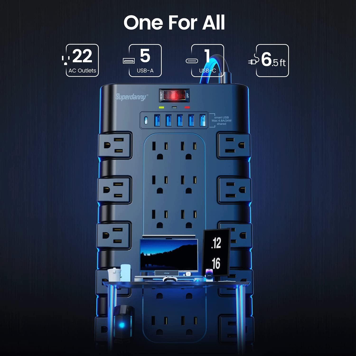 Black 28-Outlet Power Strip with USB Ports