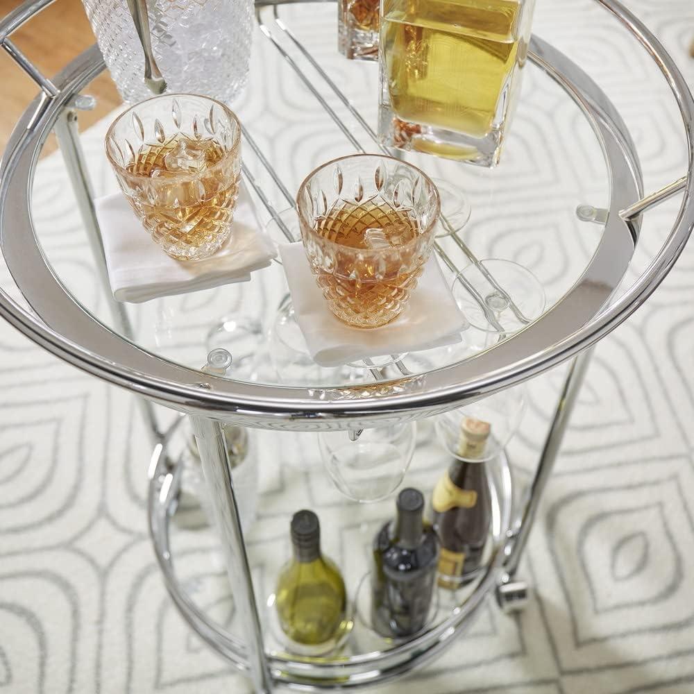 Round Chrome and Glass Bar Cart with Wine Rack