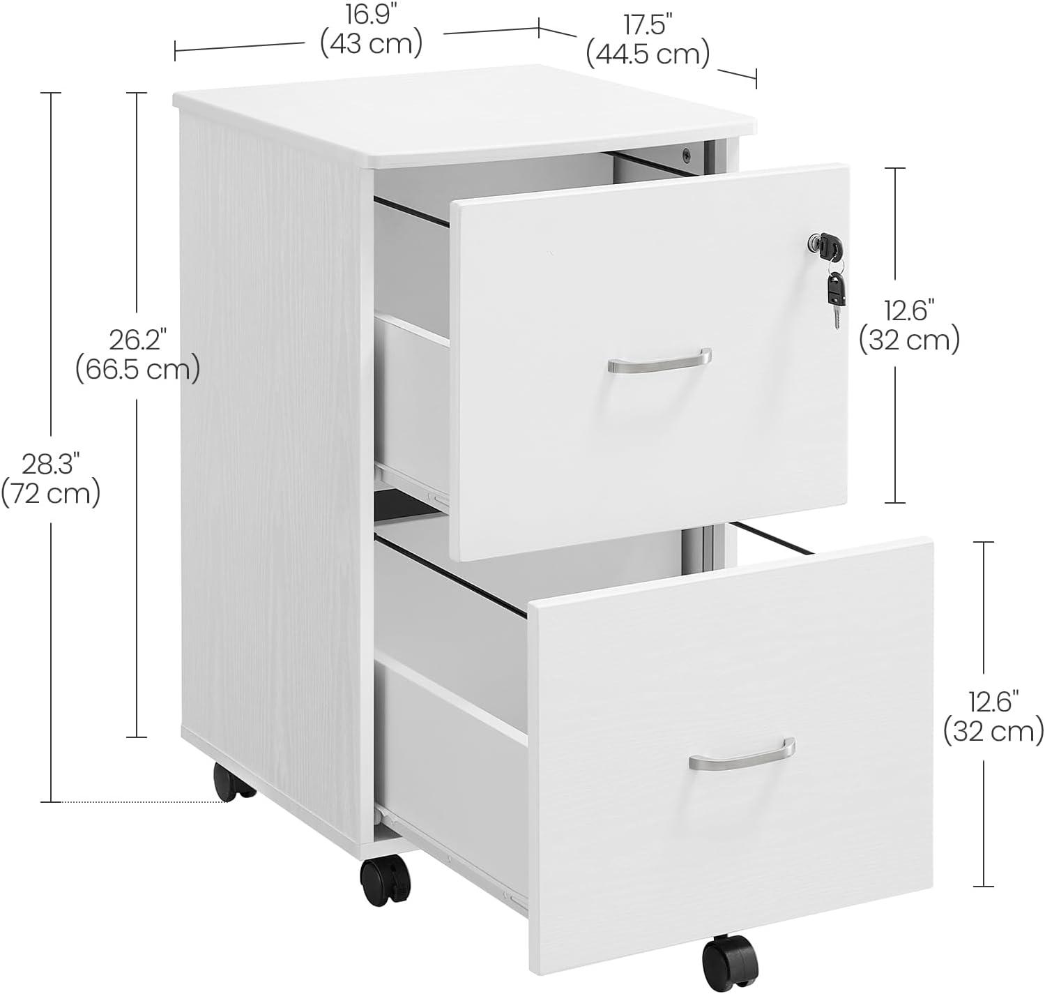 White Mobile 2-Drawer Lockable File Cabinet with Metal Handles