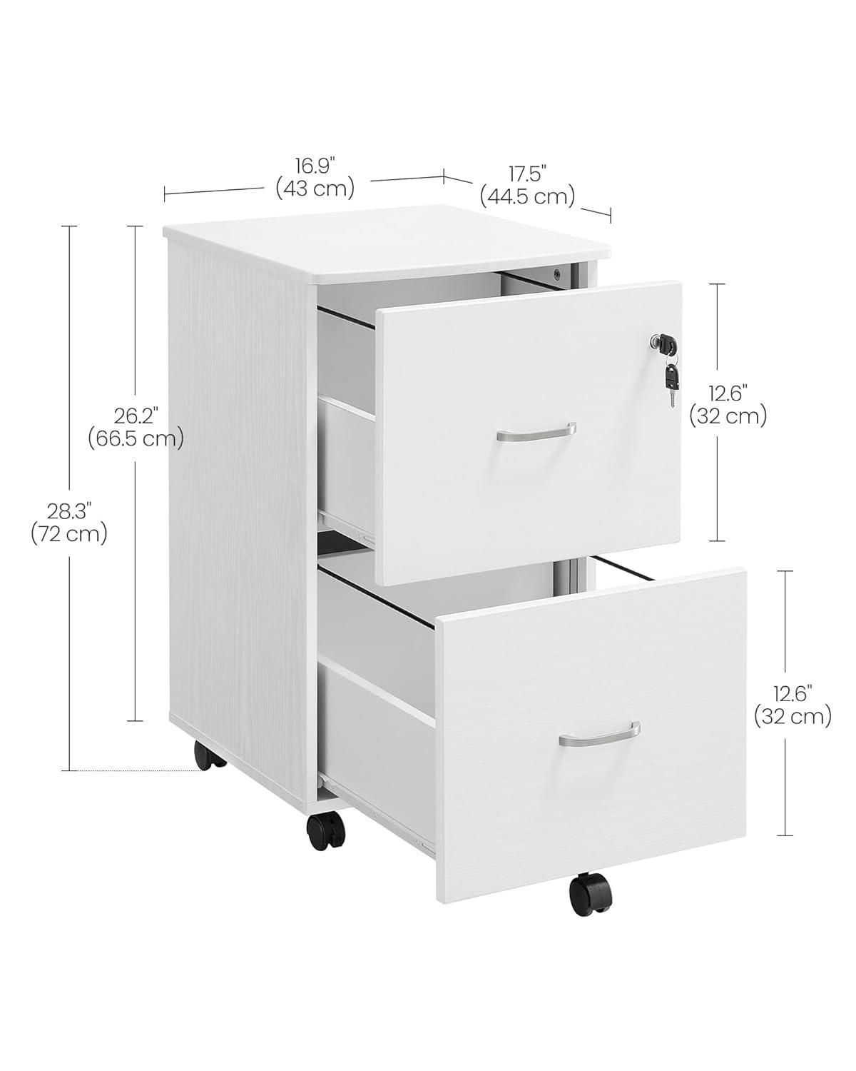 VASAGLE 2-Drawer File Cabinet, Locking Filing Cabinet for Home Office, Small Rolling Printer Stand, A4, Letter-Size Hanging Files, Assembly Required, White ULCD027T46V2