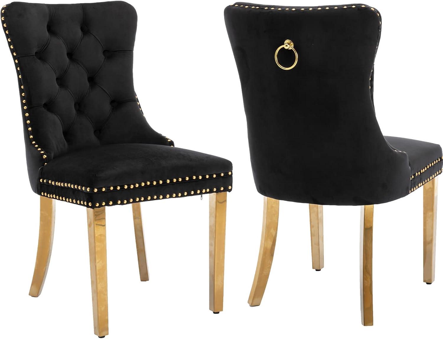 LegaHome Dining Chairs Set of 2, Modern Upholstered Velvet Dining Room Chairs with Nailhead Trim and Golden Stainless Steel Plating Solid Wood Legs, Tufted Button Padded Chairs Set for Kitchen, Black