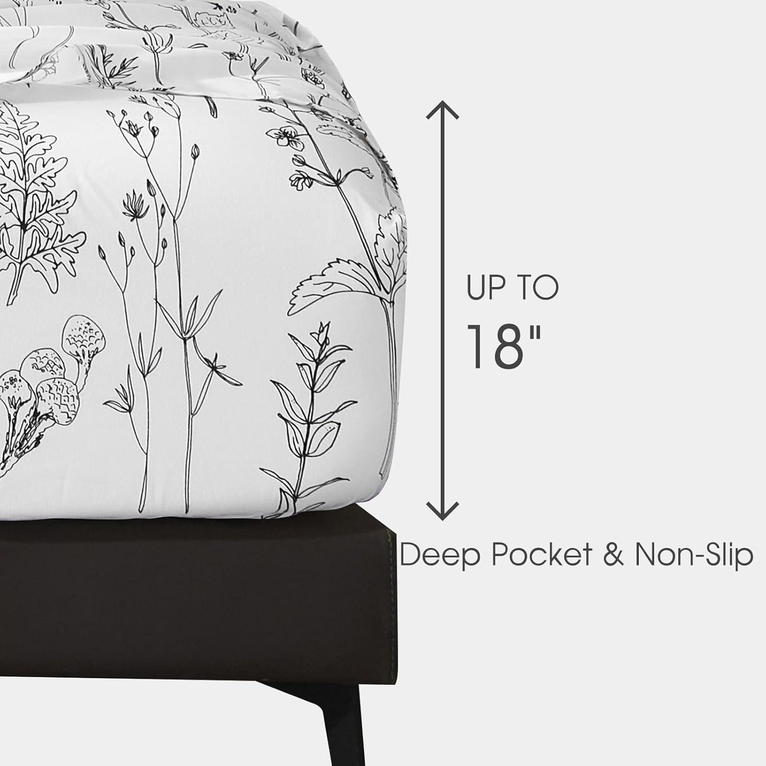 Black and White Floral Microfiber Queen Sheet Set with Deep Pockets