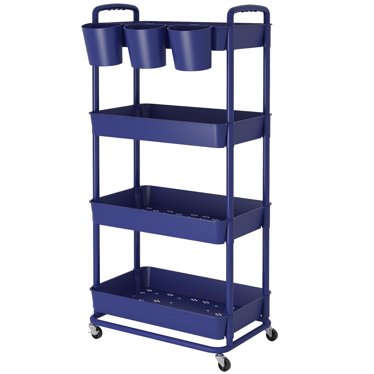 JIUYOTREE 4-Tier Plastic Rolling Storage Cart Utility Cart with Extra Hanging Cups Handles Lockable Wheels for Living Room Bathroom Kitchen Office Green