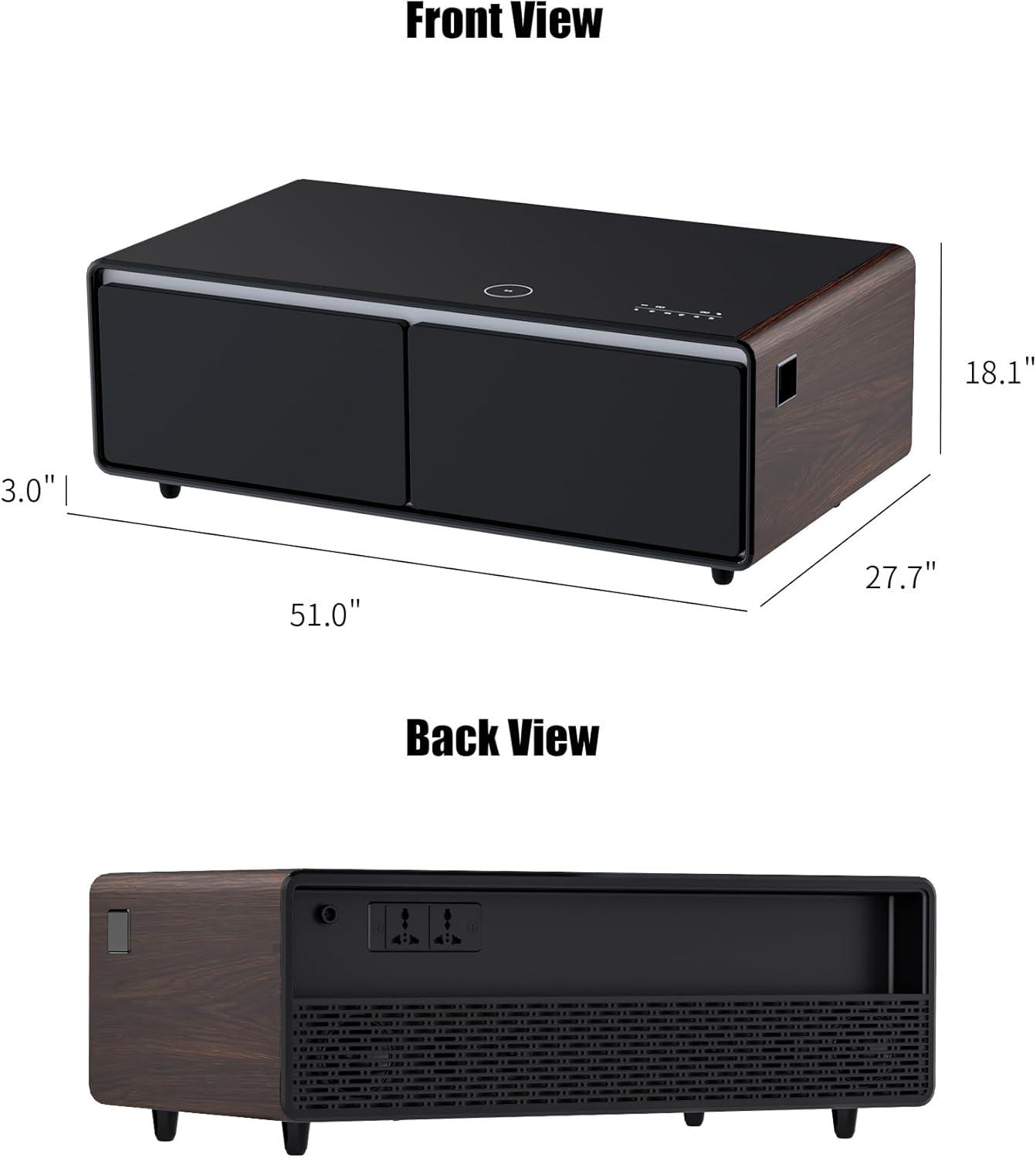 Livtab Smart Coffee Table with Built in Fridge, Bluetooth Speakers, Wireless Charging, Outlets, RGB Light, Brown